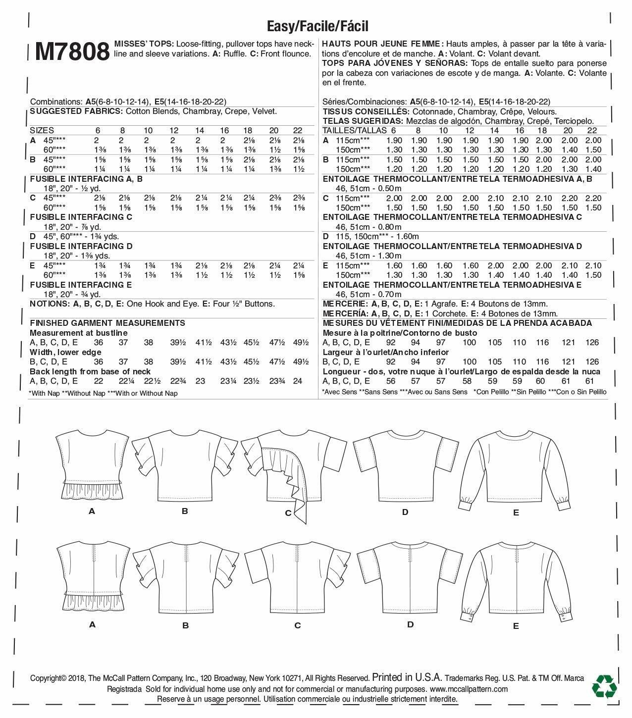 McCall's M7808E5 Women's Pullover Tank Top, Short Sleeve, and Long Sleeve Top