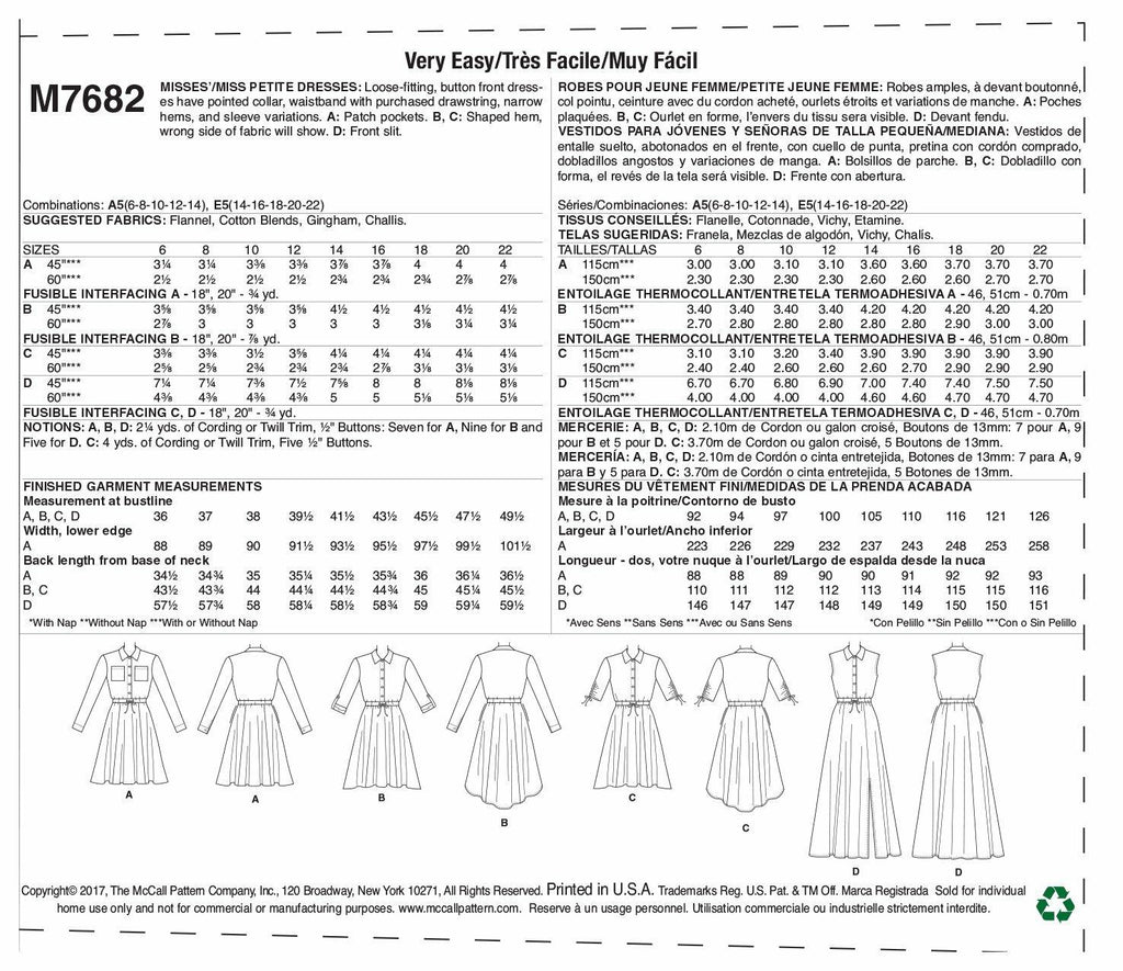 McCall's Patterns Misses' Petite Shirtdresses with Drawstring Waist