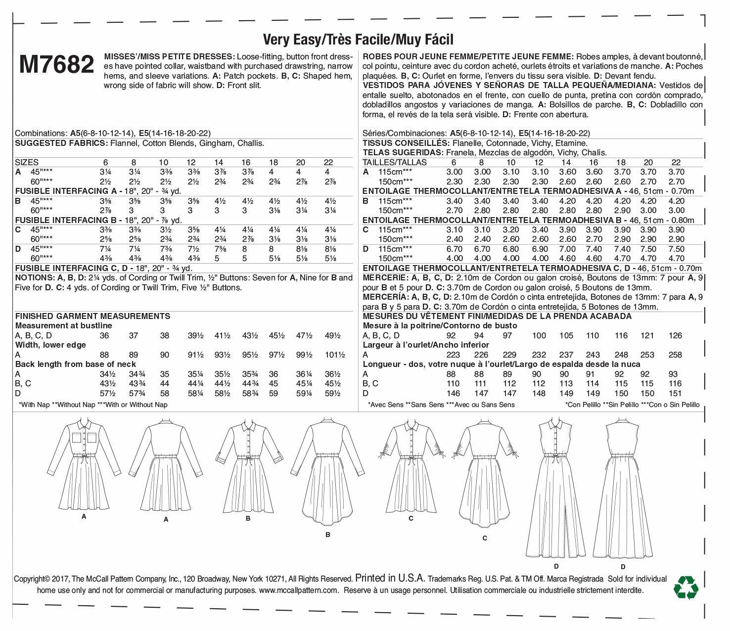 McCall's Patterns Misses' Petite Shirtdresses with Drawstring Waist