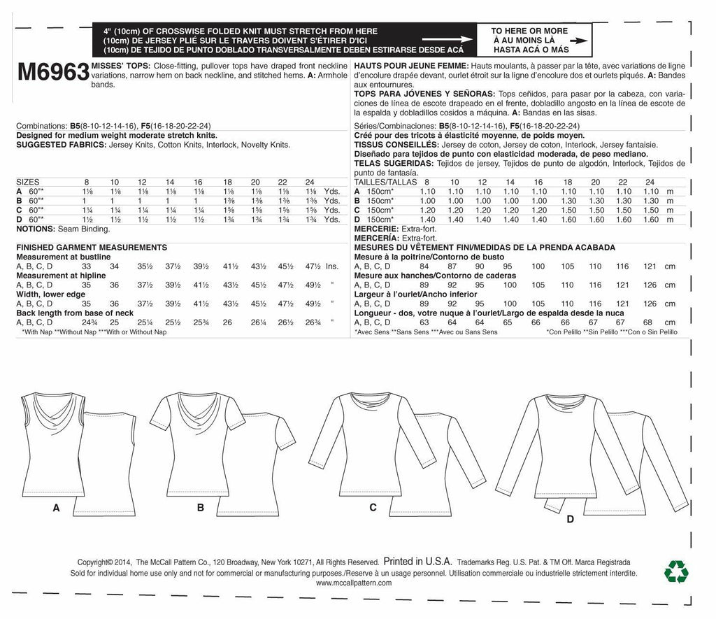 McCall Pattern Company M6963 Misses' Tops, Size F5 "16-18-20-22-24"
