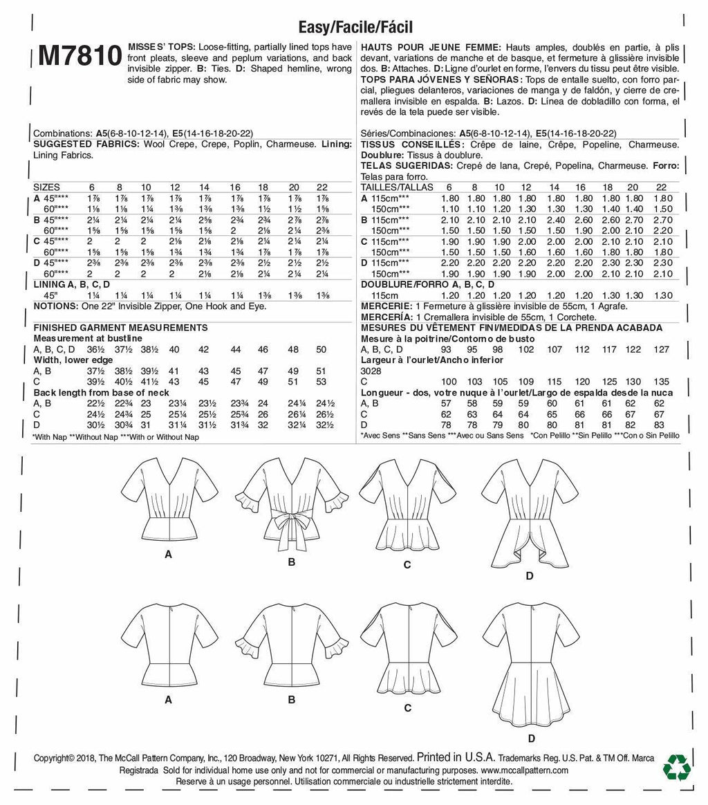 McCall's M7810A5 Women's Loose-Fitting Pleated Top Sewing Patterns, Sizes 6-14