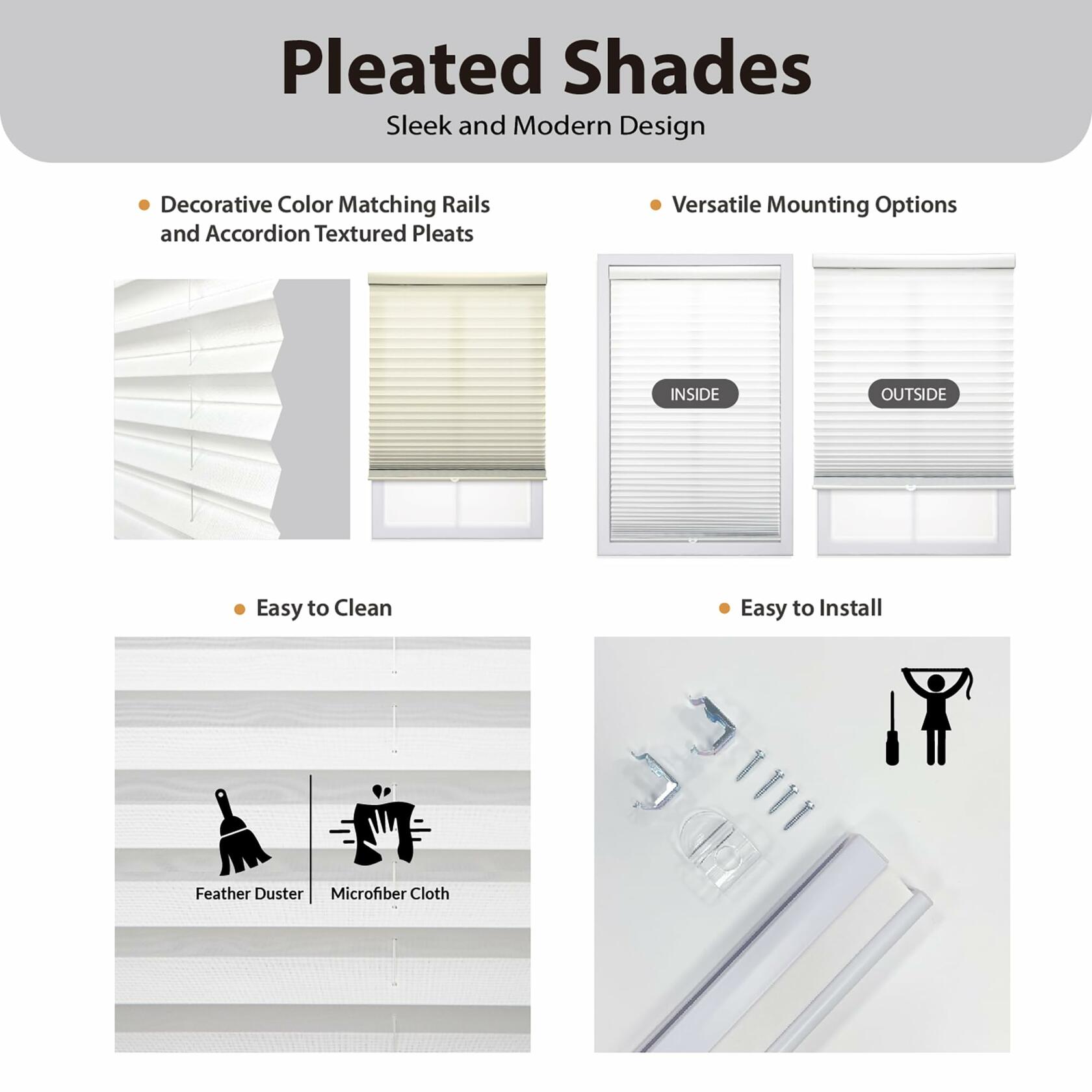 DEZ FURNISHINGS Cordless 1" Light Filtering Pleated Shade, Fabric, 40" W x 48"