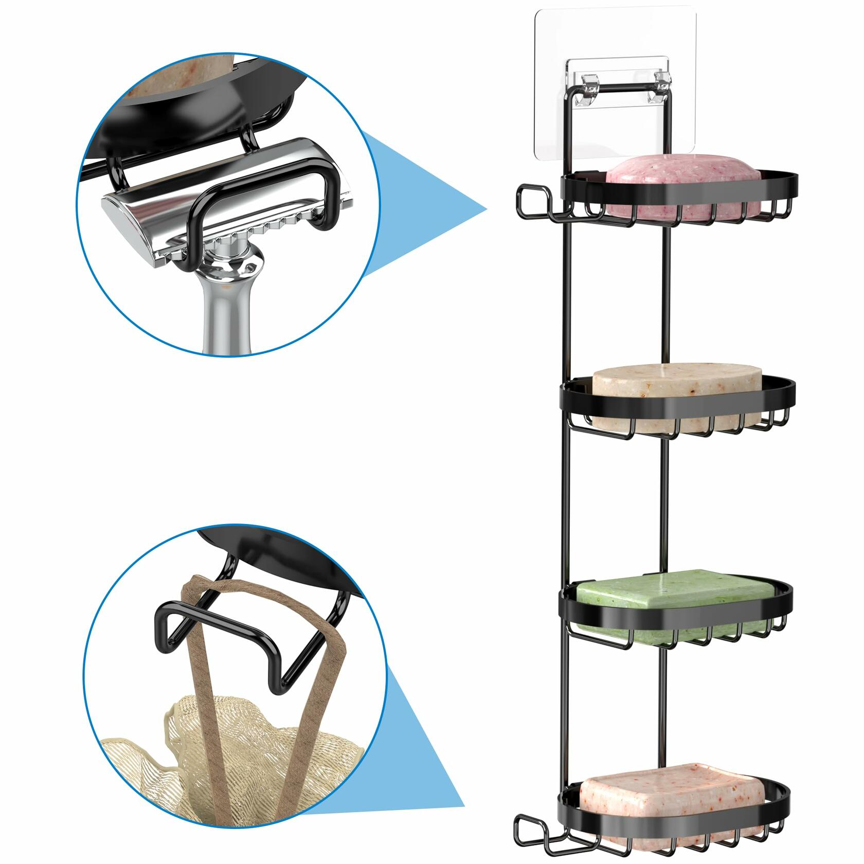 Black MASADI 4 Tier Soap Dish Holder, Soap Bar Holder with Hooks, Shampoo Bar