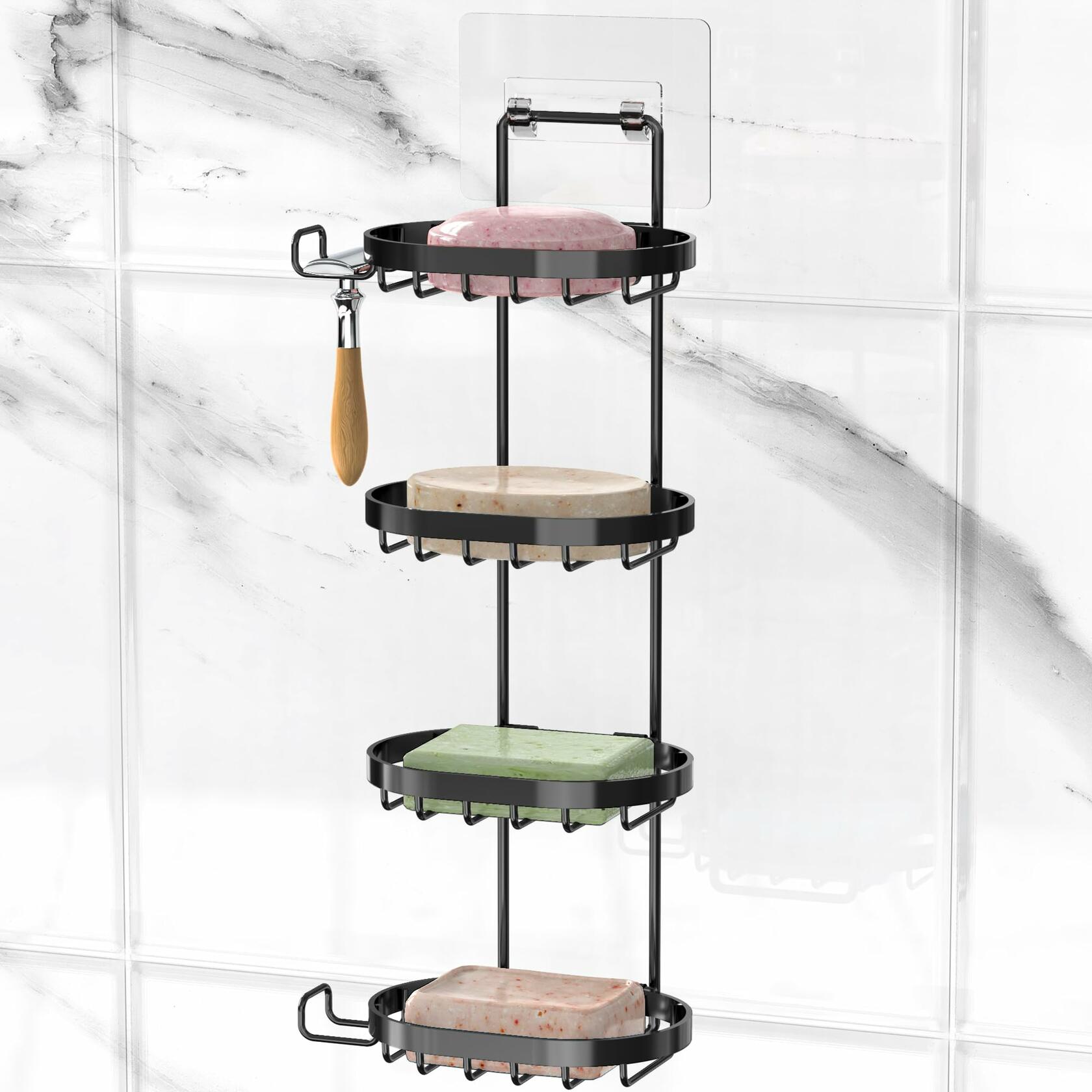 Black MASADI 4 Tier Soap Dish Holder, Soap Bar Holder with Hooks, Shampoo Bar
