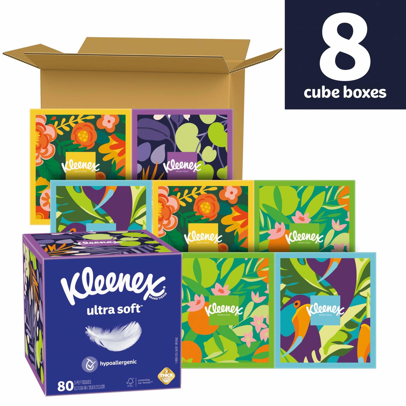 Kleenex Ultra Soft Facial Tissues, 8 Cube Boxes, 80 Tissues per Box, 3-Ply