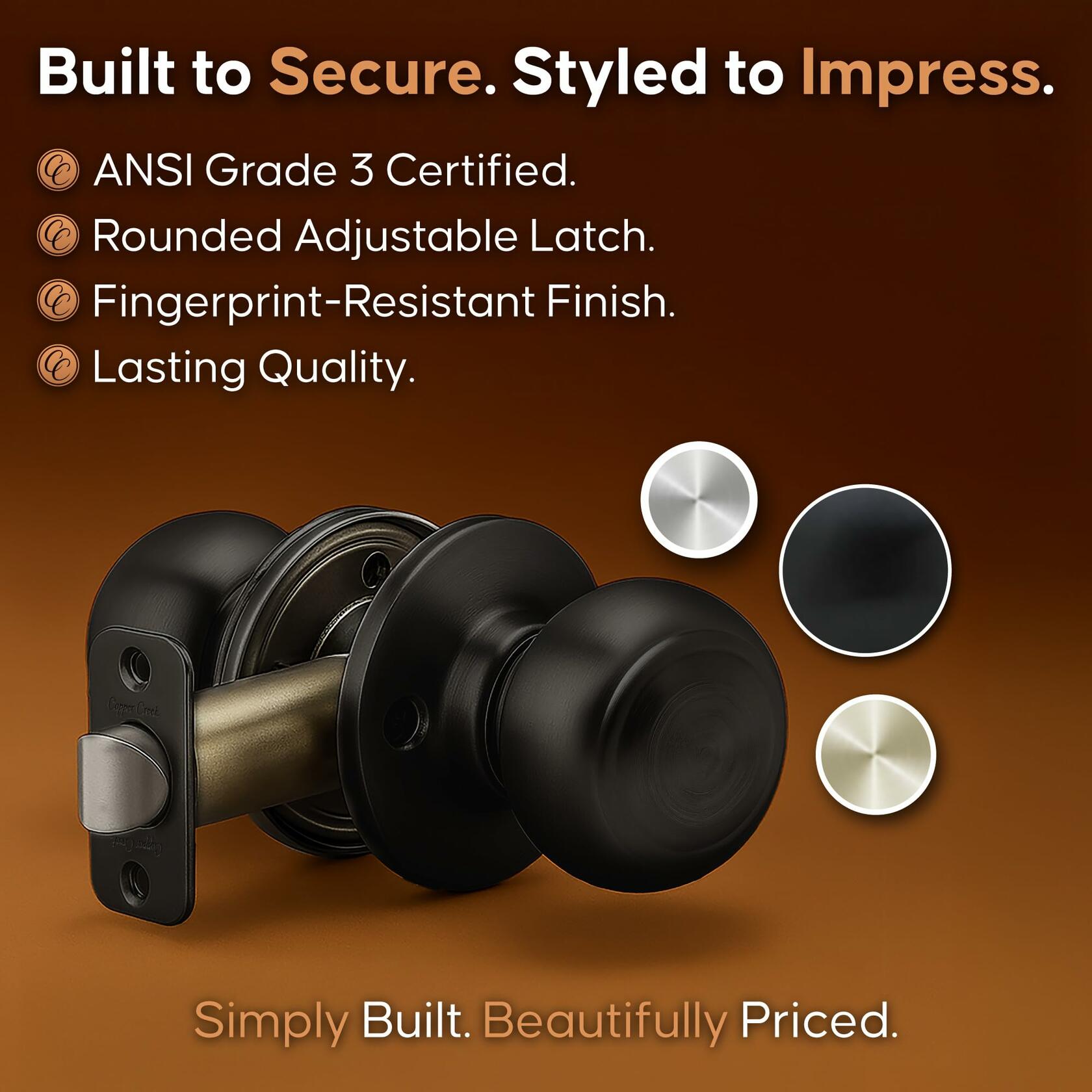 1 Pack Copper Creek Colonial Privacy Interior Door Knob – ANSI Grade-3