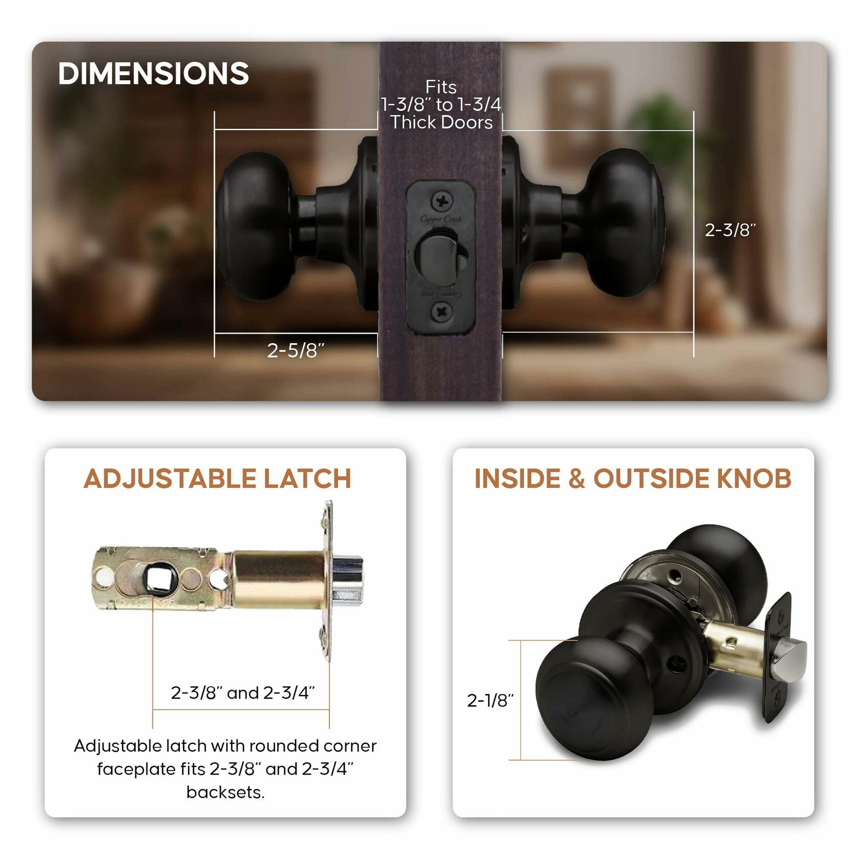 1 Pack Copper Creek Colonial Privacy Interior Door Knob – ANSI Grade-3