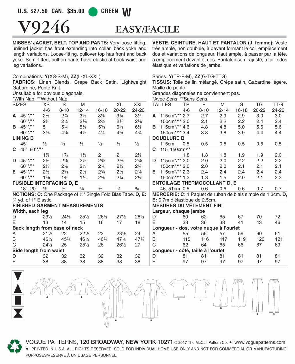 Vogue Patterns V9246 Misses' Drop-Shoulder Jackets, Belt, Top with Yokes, and
