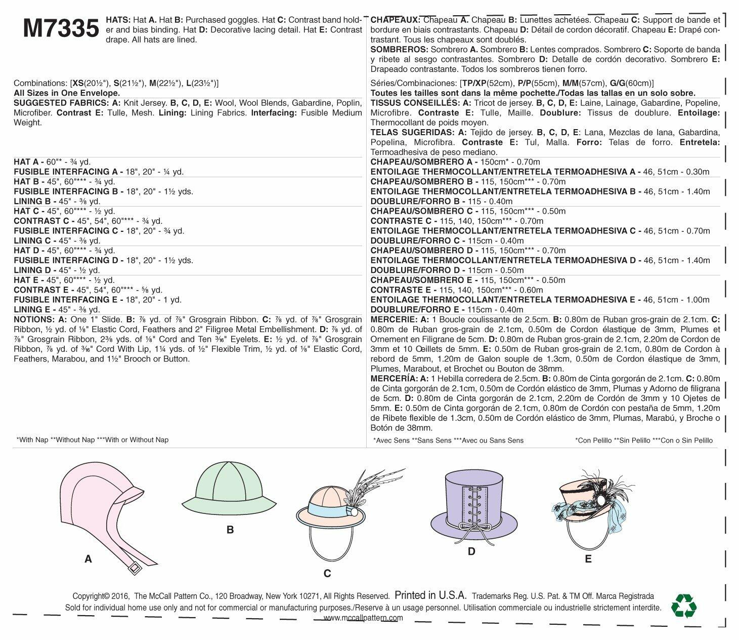 McCall's Patterns M7335 Hats in Five Styles
