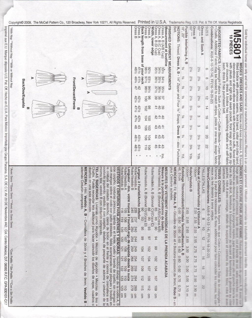Flared Dress McCall's Sewing Pattern 5801 Misses' Size 6 8 10 12 14