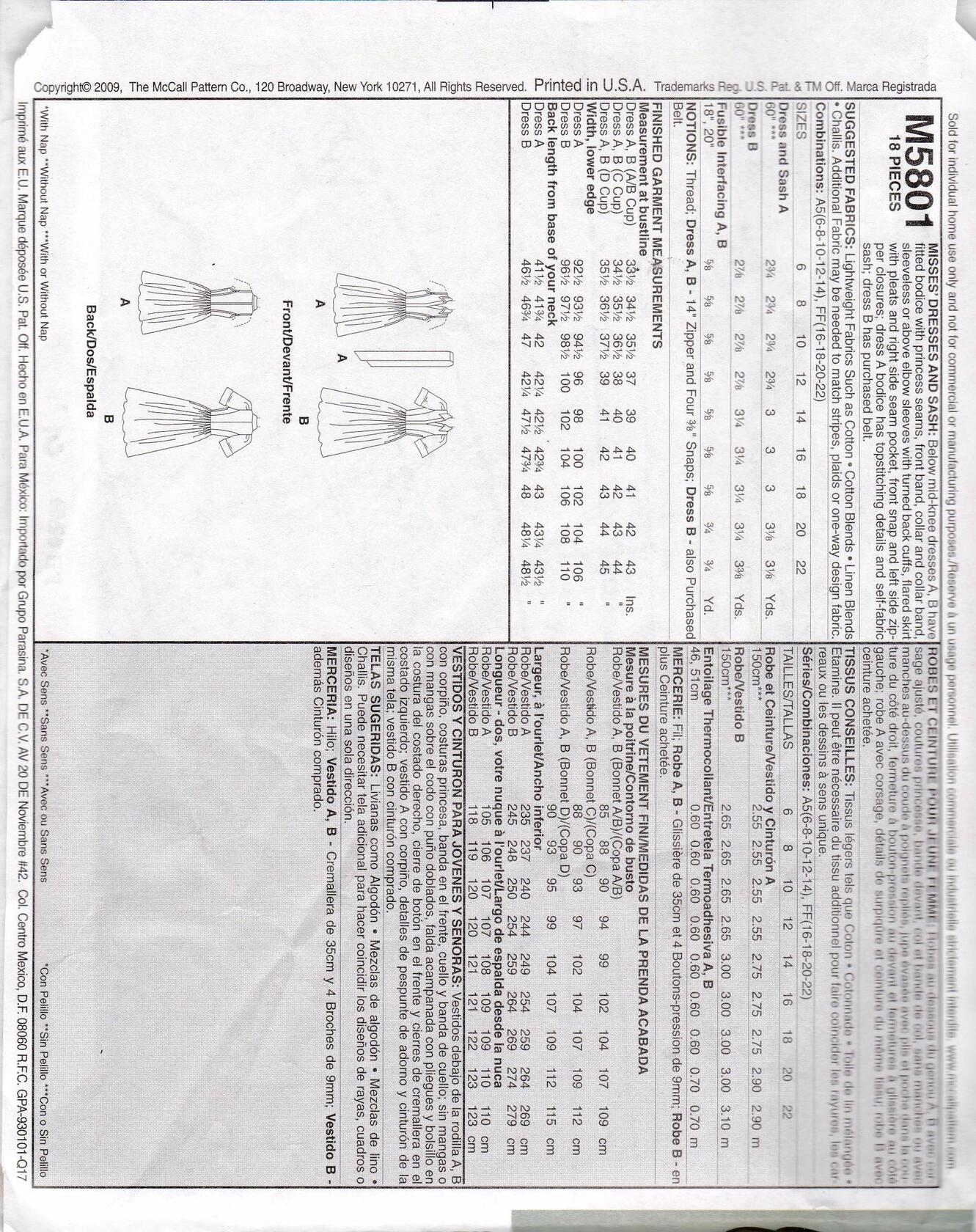 Flared Dress McCall's Sewing Pattern 5801 Misses' Size 6 8 10 12 14