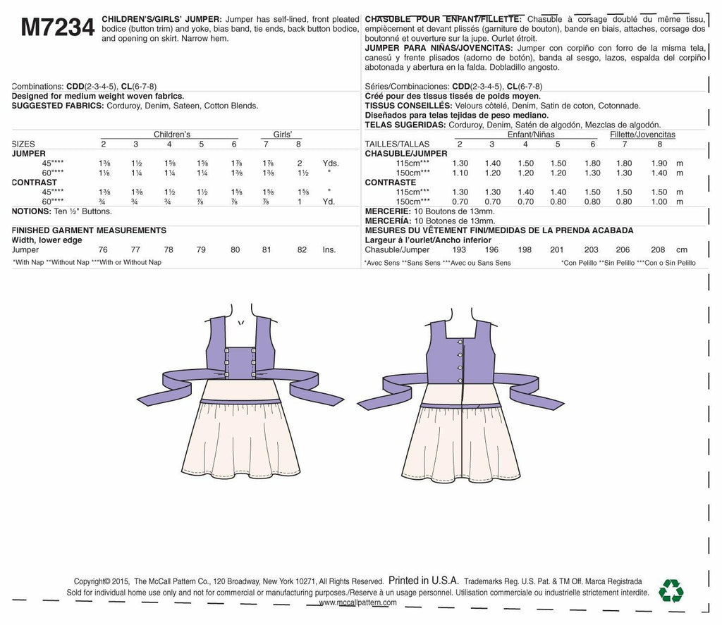 McCall's Patterns M7234 Children's/Girls' Jumper, CDD (2-3-4-5)