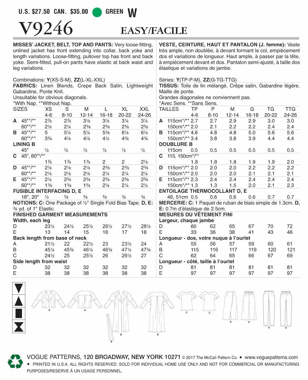 Vogue Patterns V9246 Misses' Drop-Shoulder Jackets, Belt, Top with Yokes, and