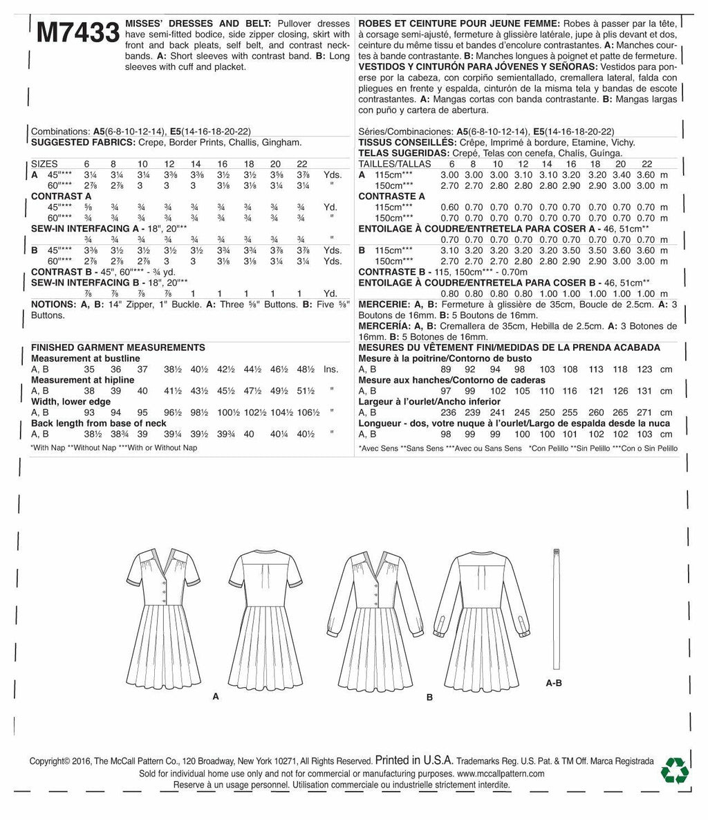 McCall's Patterns Misses' Inverted Notch-Collar Shirtdresses and Belt
