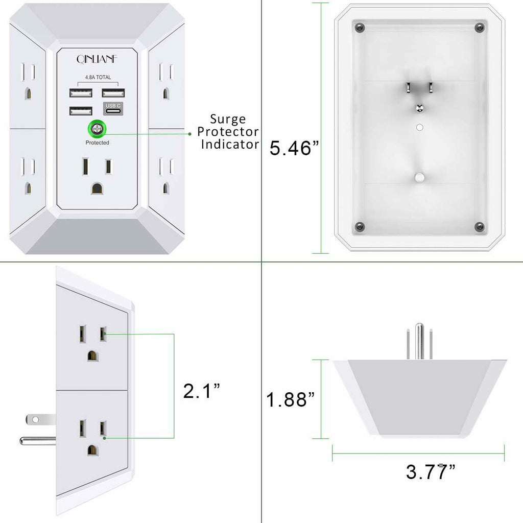 Wall Charger, Surge Protector, QINLIANF 5 Outlet Extender with 4 USB Charging