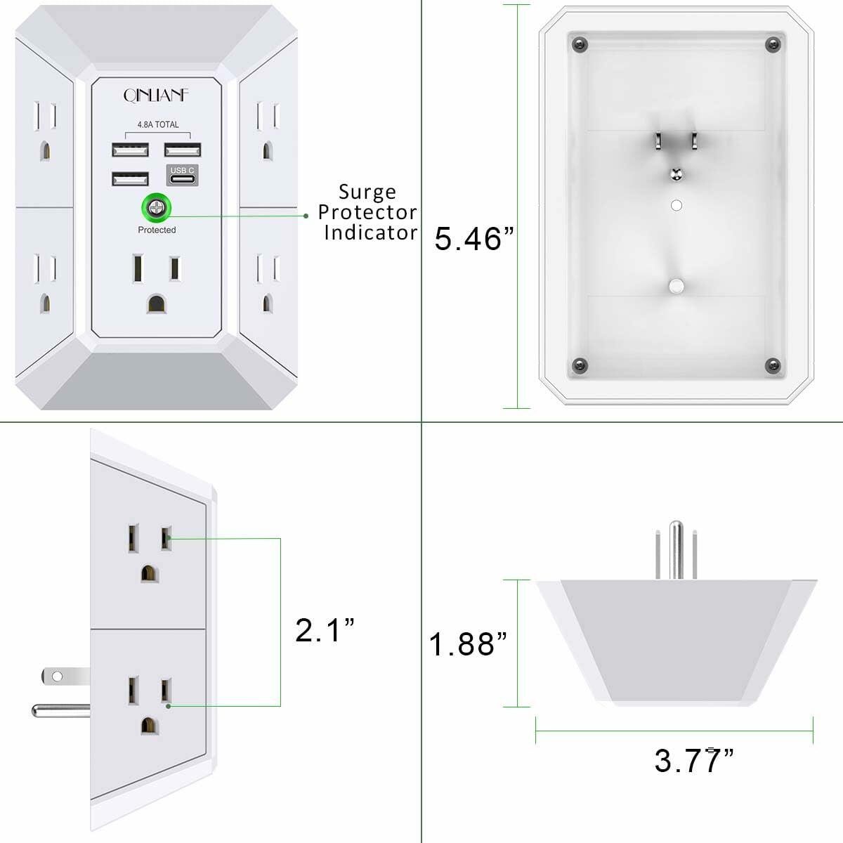 Wall Charger, Surge Protector, QINLIANF 5 Outlet Extender with 4 USB Charging