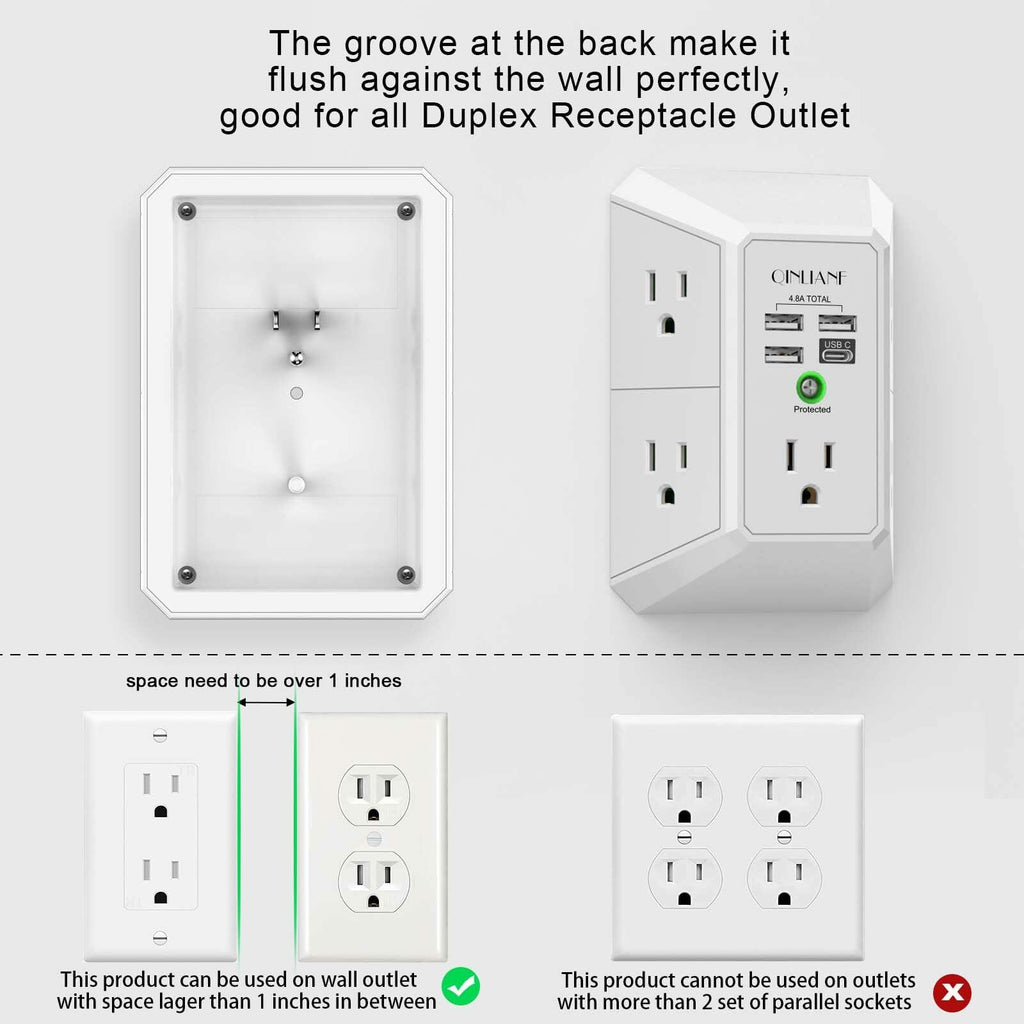 Wall Charger, Surge Protector, QINLIANF 5 Outlet Extender with 4 USB Charging