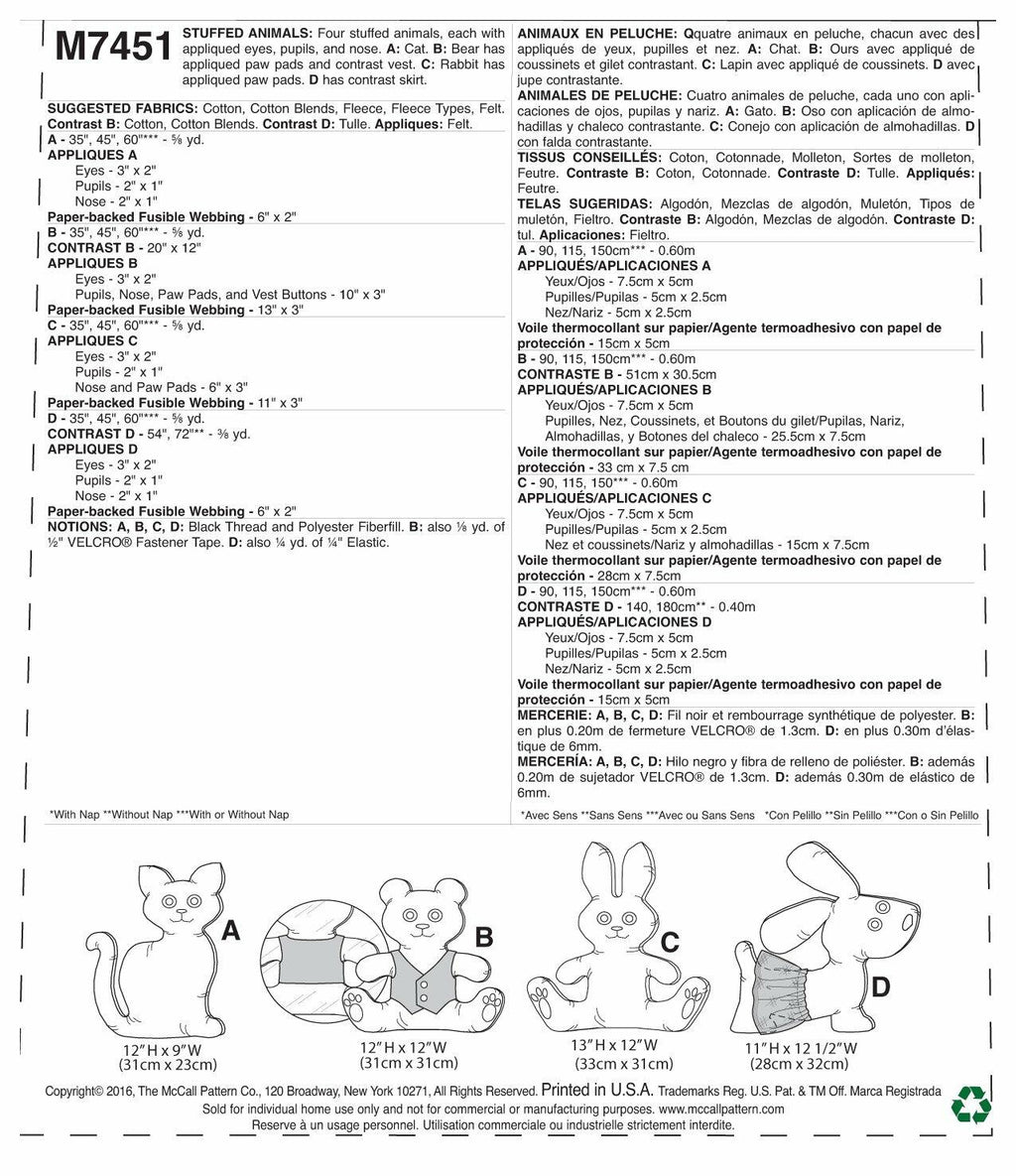 McCall's Patterns Cat, Bear, Rabbit And Dog Stuffed Animals 17.00 x 0.5 x 0.070