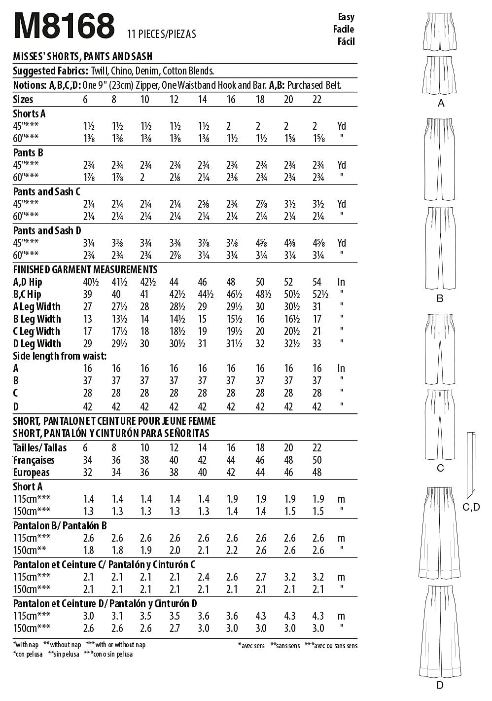 McCall's M8168A Misses Skirt/Pants, A (6-8-10-12-14-16-18-20-22), Multi,