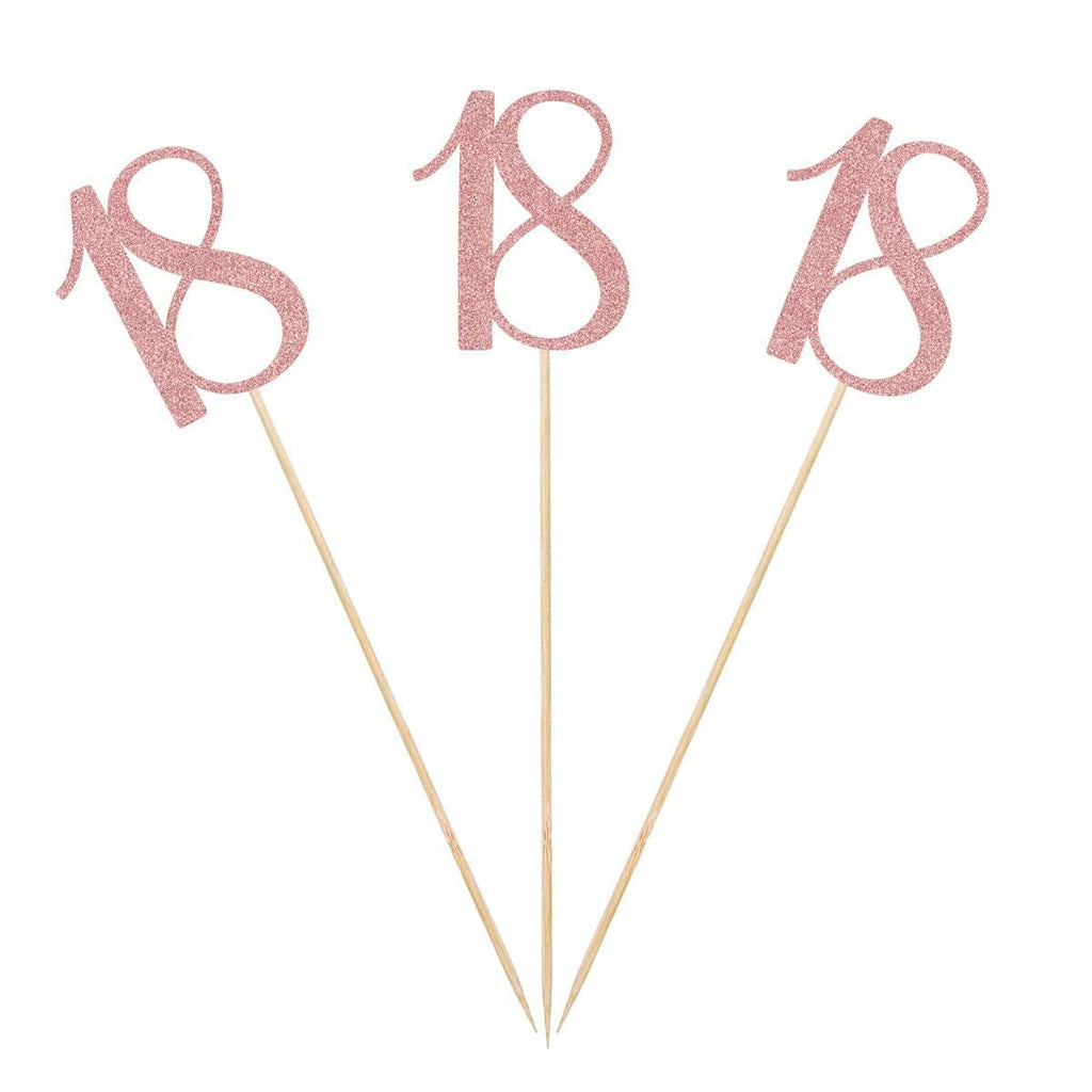 12-Pack Rose Gold 18th Glitter Birthday Centerpiece Sticks, Number 18 Table
