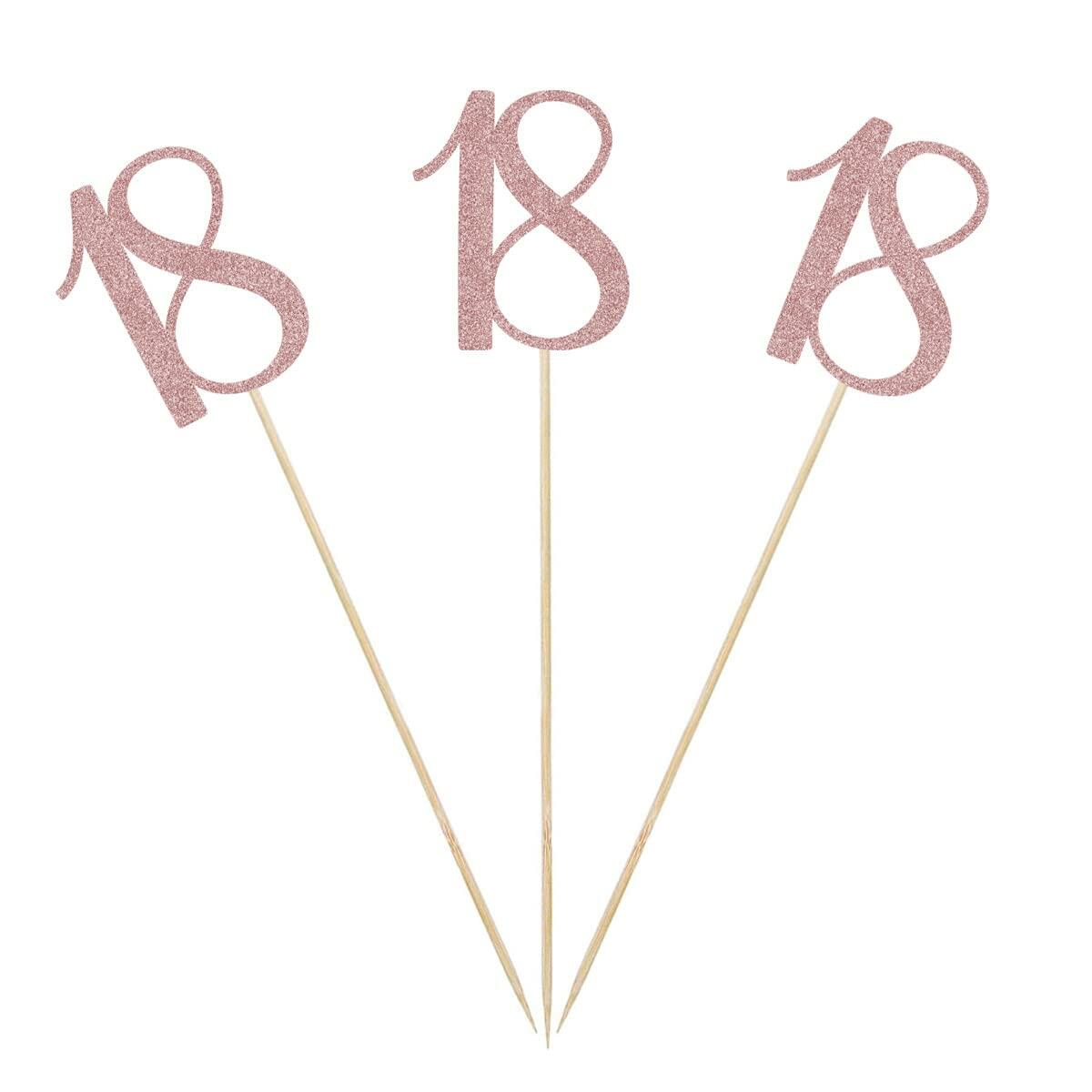 12-Pack Rose Gold 18th Glitter Birthday Centerpiece Sticks, Number 18 Table