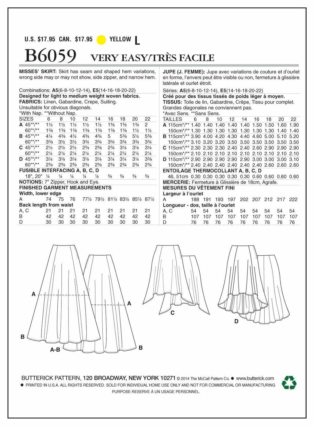 Butterick Patterns B6059 Misses' Skirt Sewing Template, Size E5 (14-16-18-20-22)