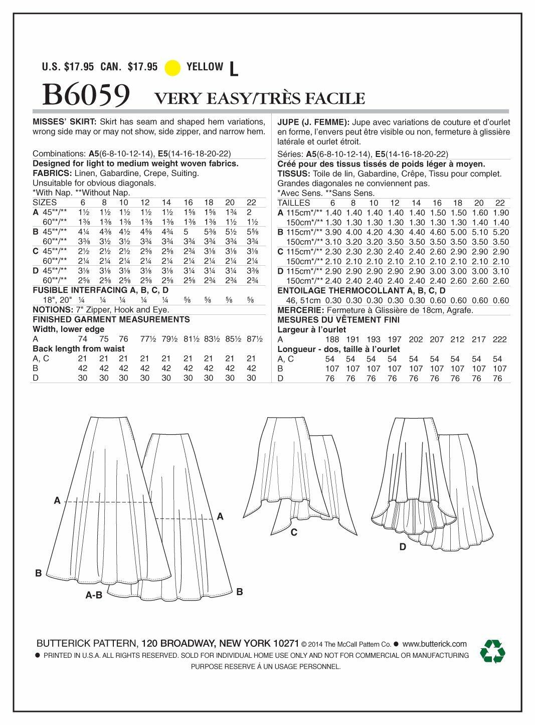 Butterick Patterns B6059 Misses' Skirt Sewing Template, Size E5 (14-16-18-20-22)