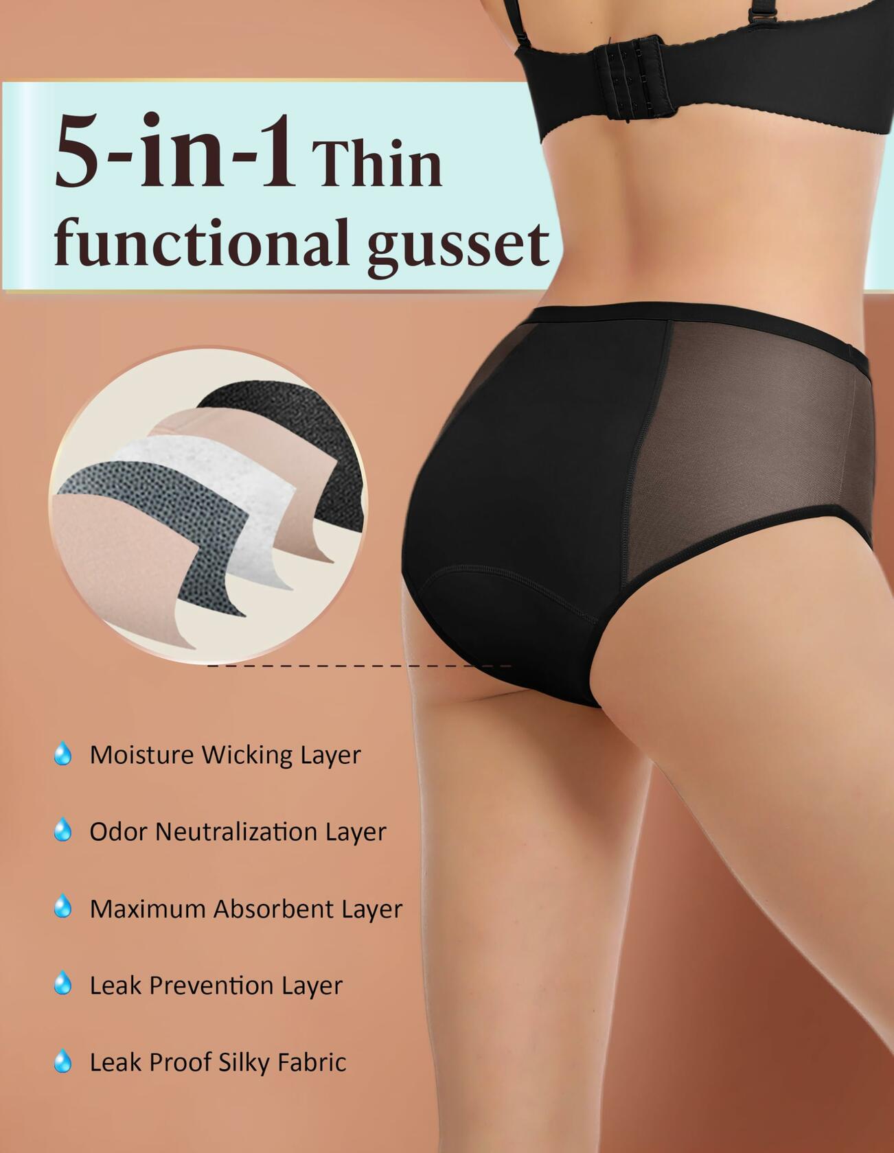 3 Pack 1 Black-2 Beige, XL AIRCUTE Washable Women Urine Incontinence Underwear