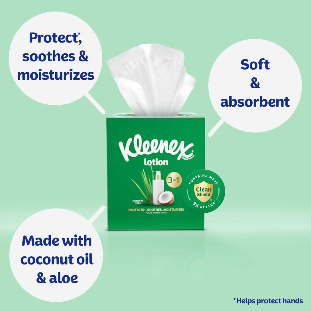 4 Flat Boxes Kleenex Lotion Facial Tissues with Coconut Oil, 180 Tissues Per