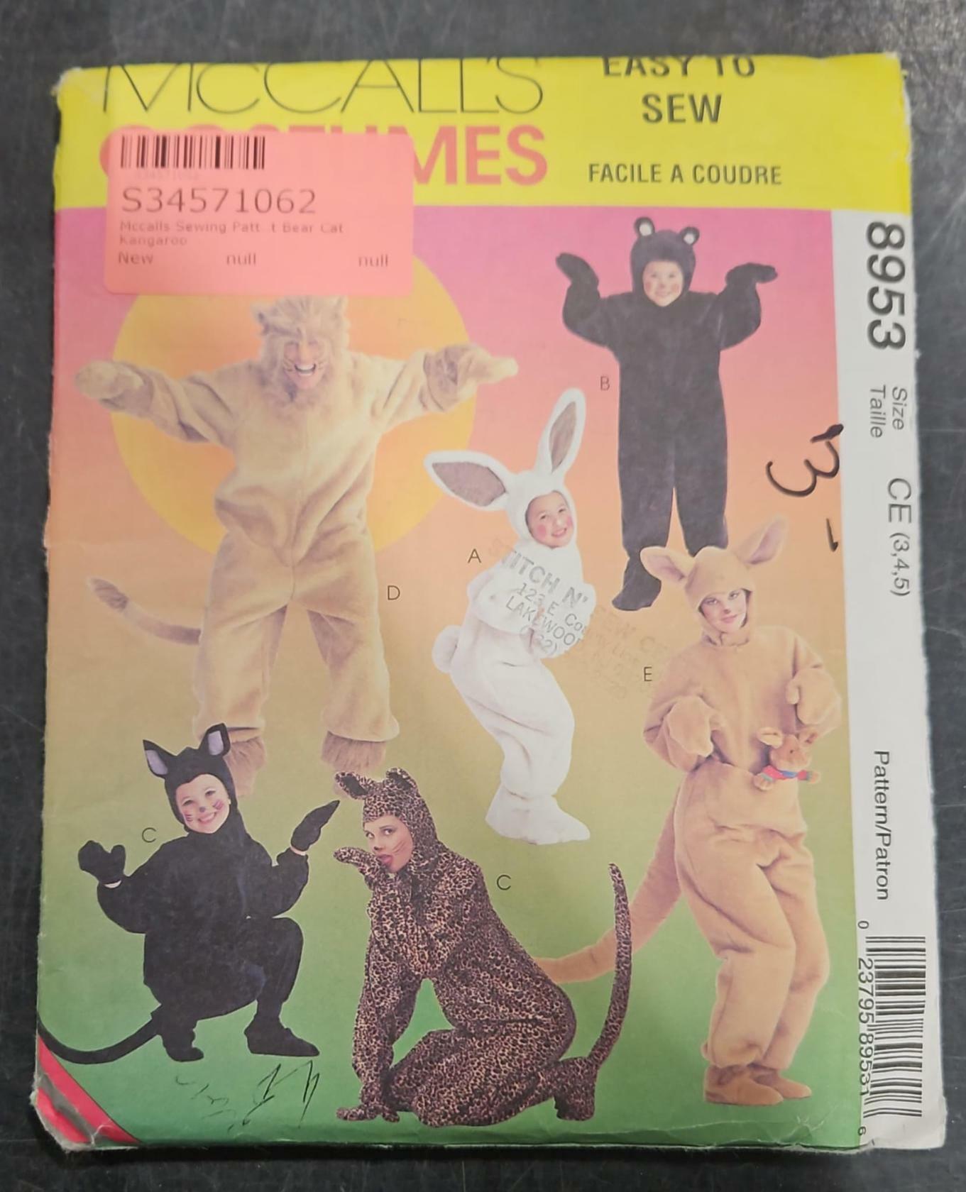 Mccalls Sewing Pattern 8953 Child Adult Costume Lion Rabbit Bear Cat Kangaroo