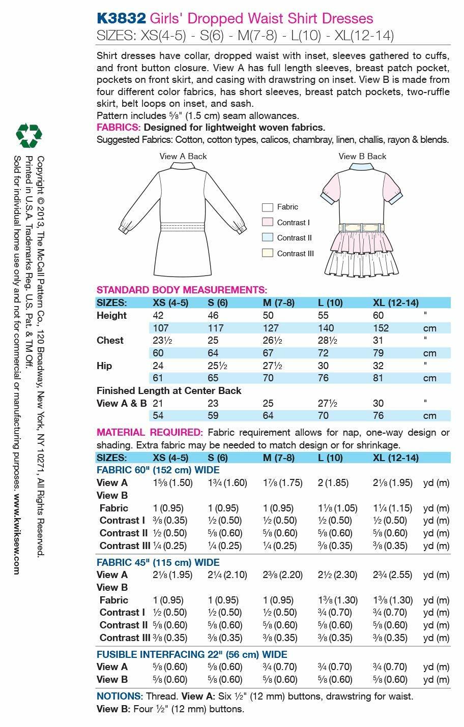 Kwik Sew K3832 Dropped Waist Shirt Dresses Sewing Pattern, Size XS-S-M-L-XL