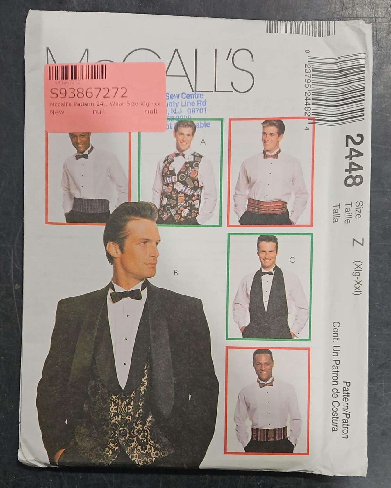 Mccall's Pattern 2448 Vest Bow Tie Cummerbund Men's Evening Wear Size Xlg -xxl