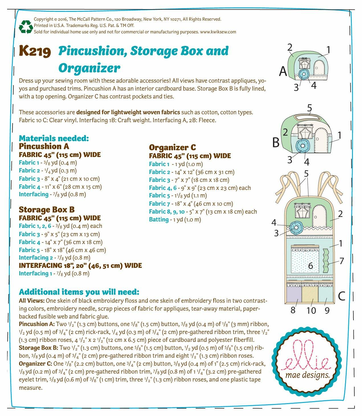 KWIK-SEW PATTERNS K0219 Vintage Trailer Pin Cushion, Storage Box & Organizer,