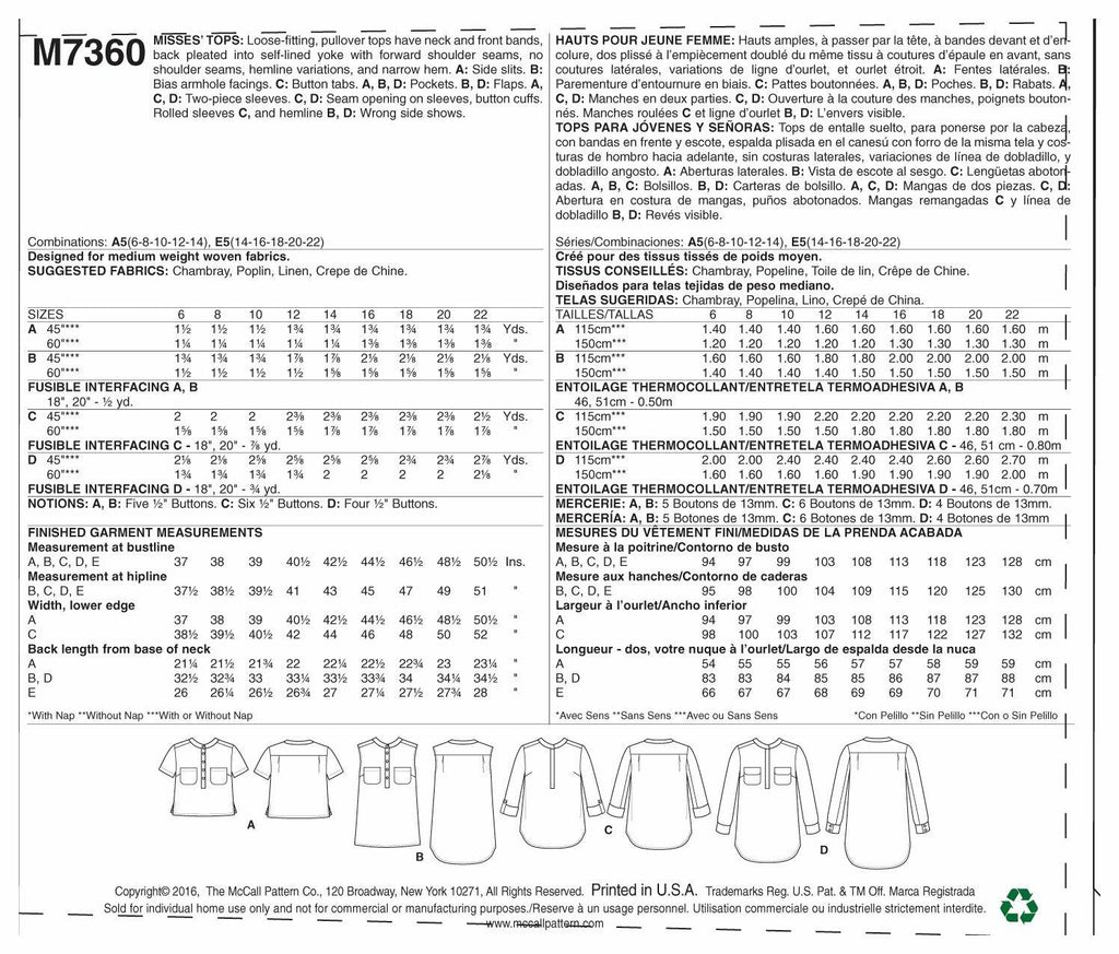 McCall's Patterns M7360 Misses' Henley Tops, Size A5 (6-8-10-12-14)