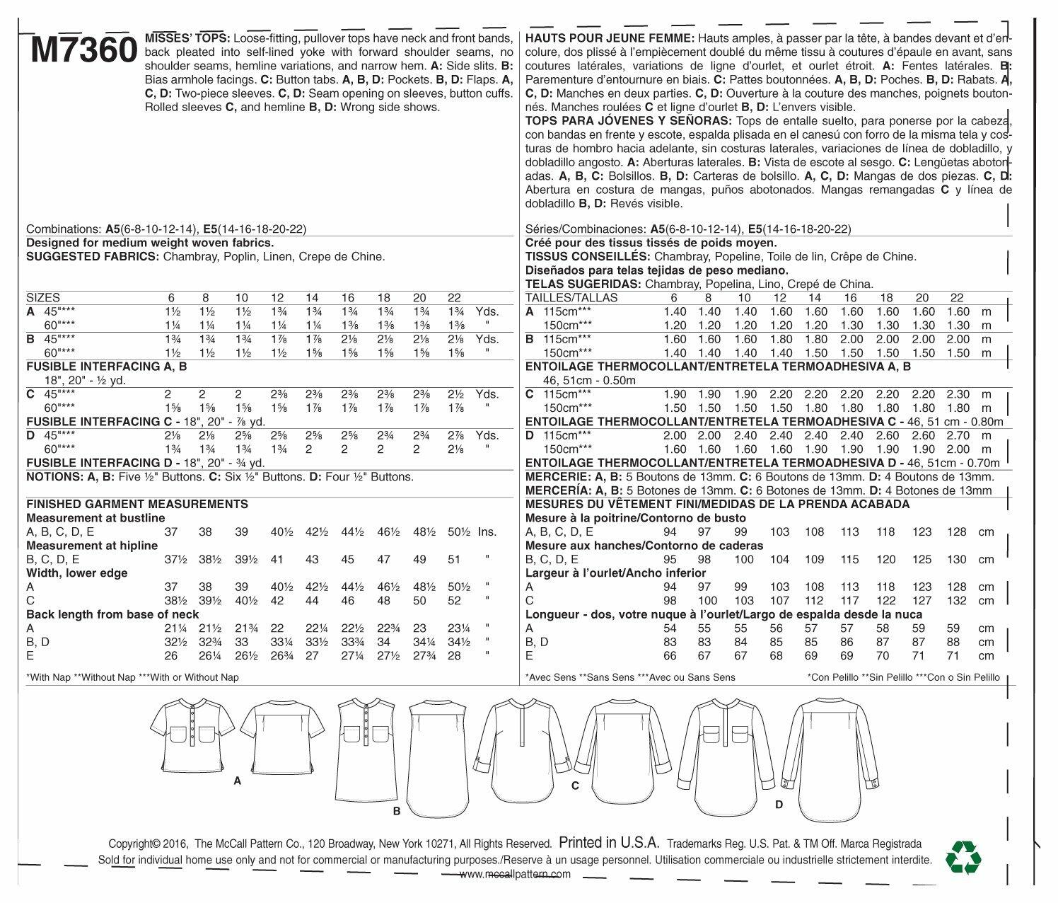 McCall's Patterns M7360 Misses' Henley Tops, Size A5 (6-8-10-12-14)