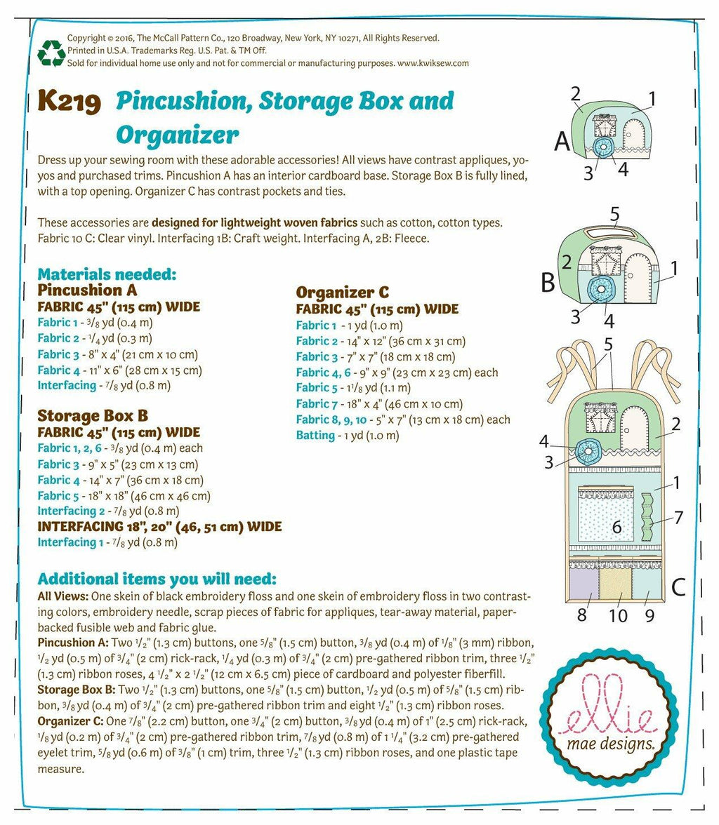 KWIK-SEW PATTERNS K0219 Vintage Trailer Pin Cushion, Storage Box & Organizer,