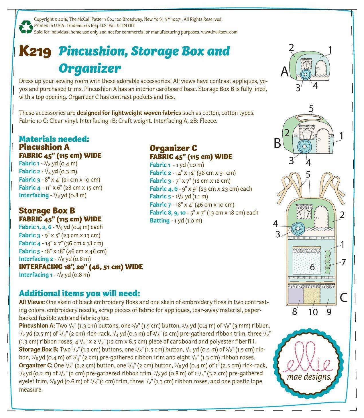 KWIK-SEW PATTERNS K0219 Vintage Trailer Pin Cushion, Storage Box & Organizer,