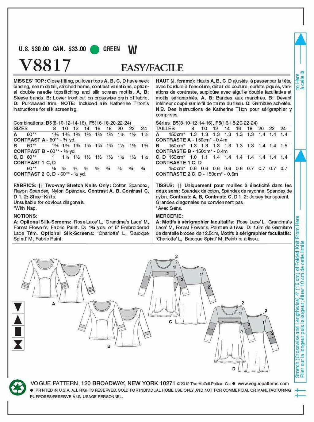 VOGUE PATTERNS V8817 Misses Top, Size F5 (16-18-20-22-24)