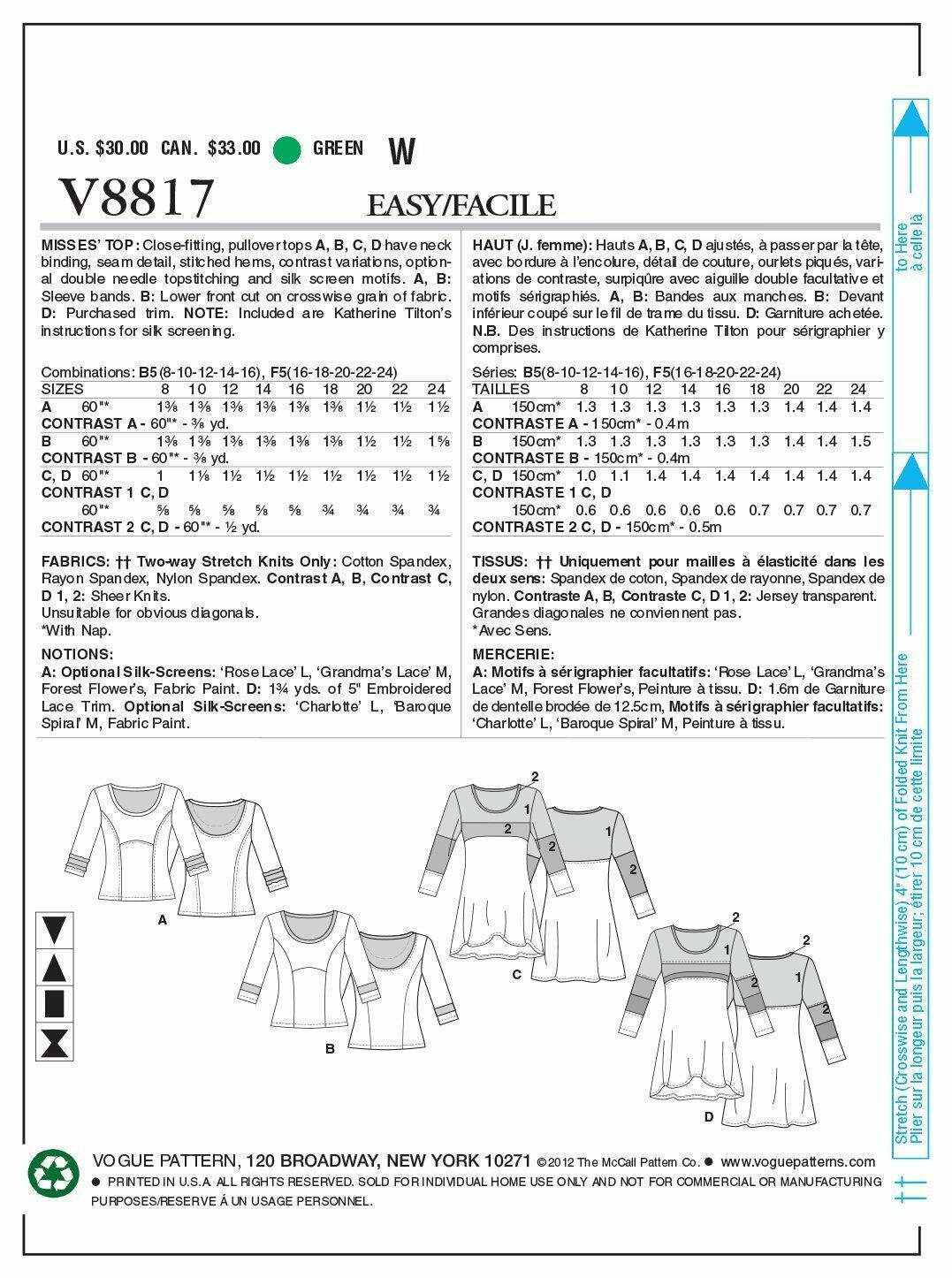 VOGUE PATTERNS V8817 Misses Top, Size F5 (16-18-20-22-24)