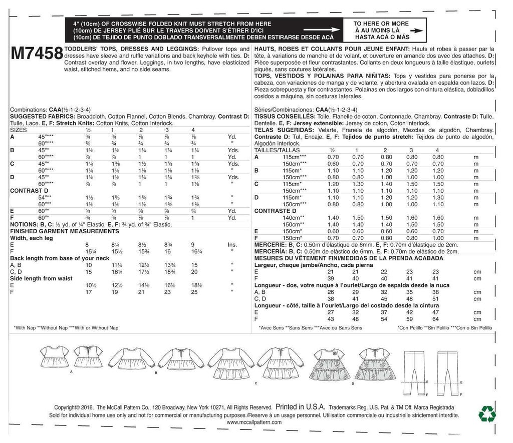 McCall's Patterns Toddlers' Gathered, Dresses and Leggings Tops