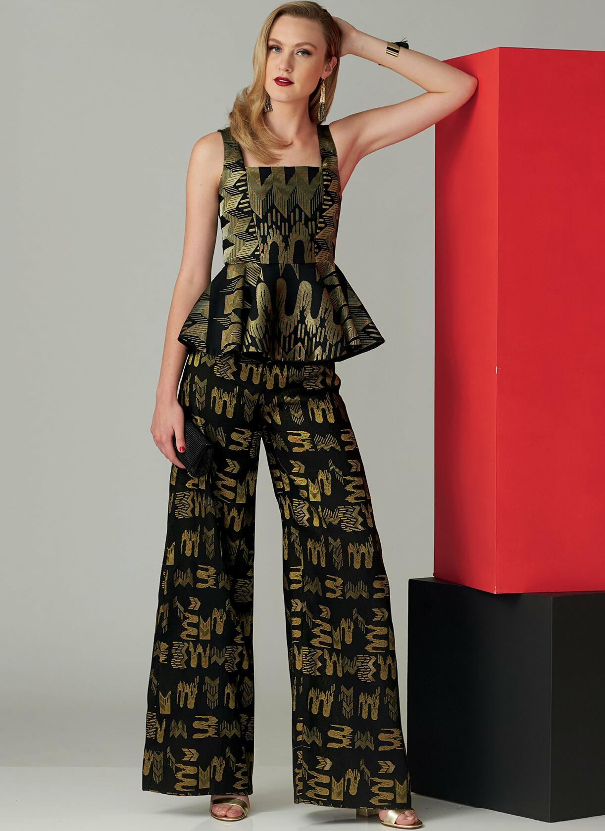 Vogue Patterns Misses' Sleeveless Peplum Top And Wide Leg Pants, 6-8-10-12-14,