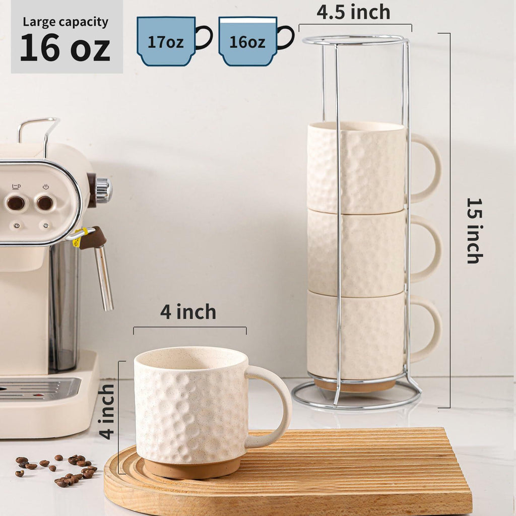 Set of 4 Nihow Ceramic Coffee Mug, 16OZ Stackable Coffee Mug Set with Stainless