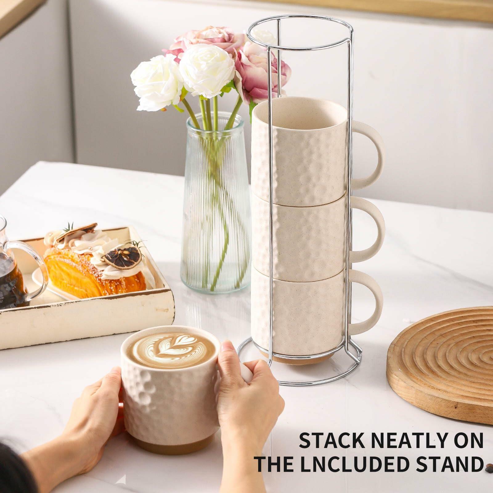Set of 4 Nihow Ceramic Coffee Mug, 16OZ Stackable Coffee Mug Set with Stainless