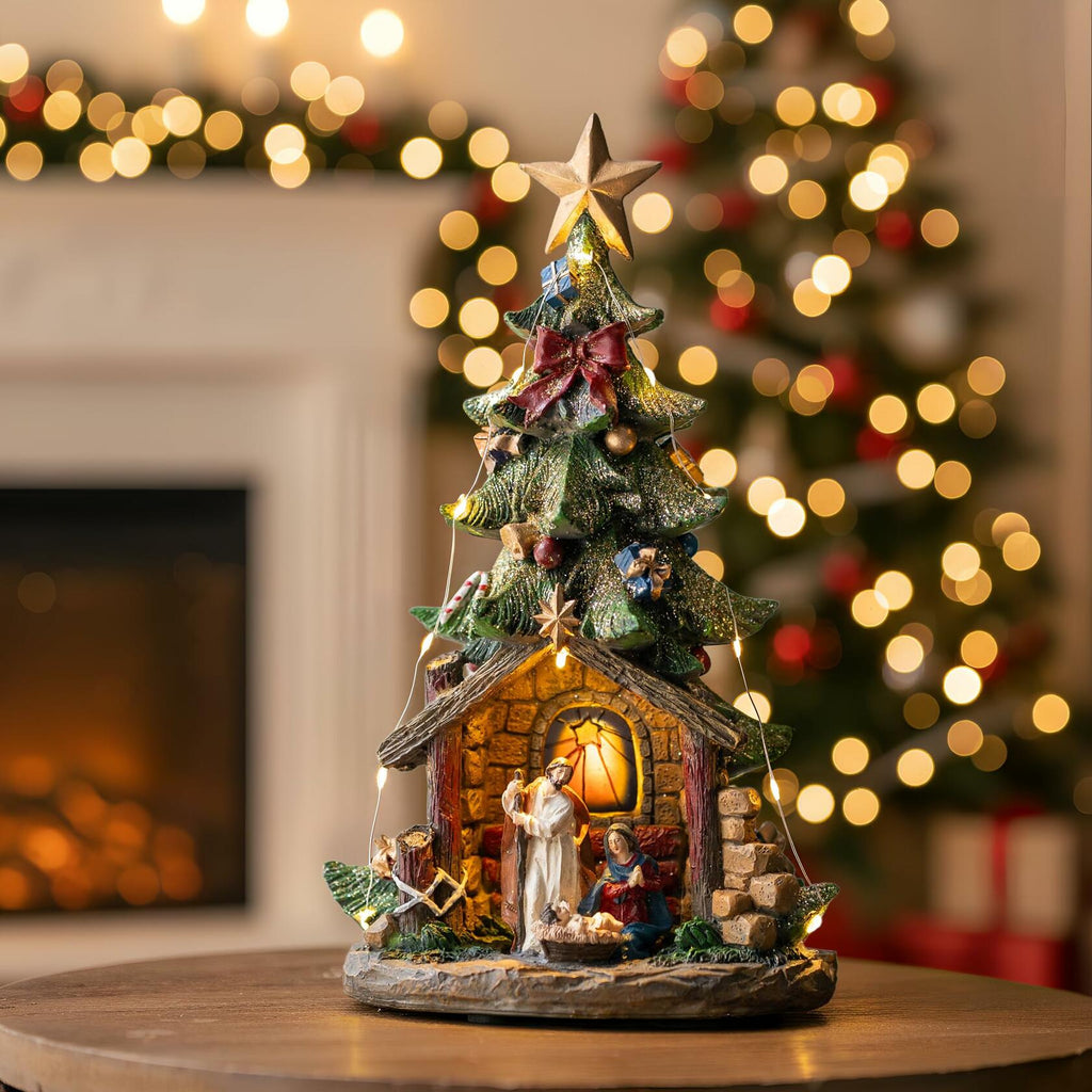 VISFLAIR 12'' Christmas Tree Lighted Manger Nativity Scene, Musical Holy Family