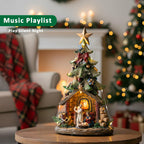 VISFLAIR 12'' Christmas Tree Lighted Manger Nativity Scene, Musical Holy Family
