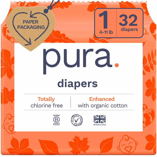 64 Count Pura Hypoallergenic Diapers, Size 1 (4-11 lbs), Newborn, Totally