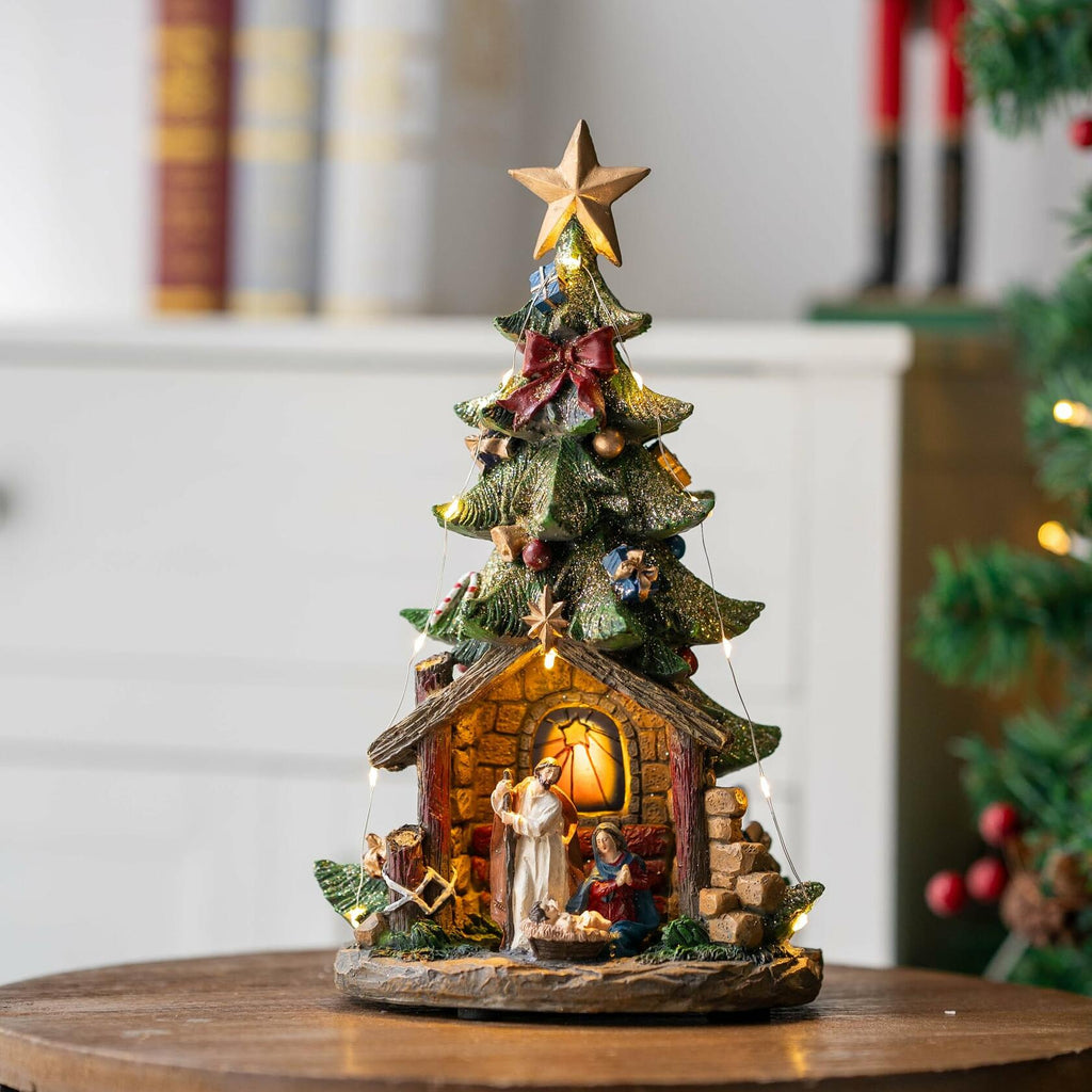 VISFLAIR 12'' Christmas Tree Lighted Manger Nativity Scene, Musical Holy Family