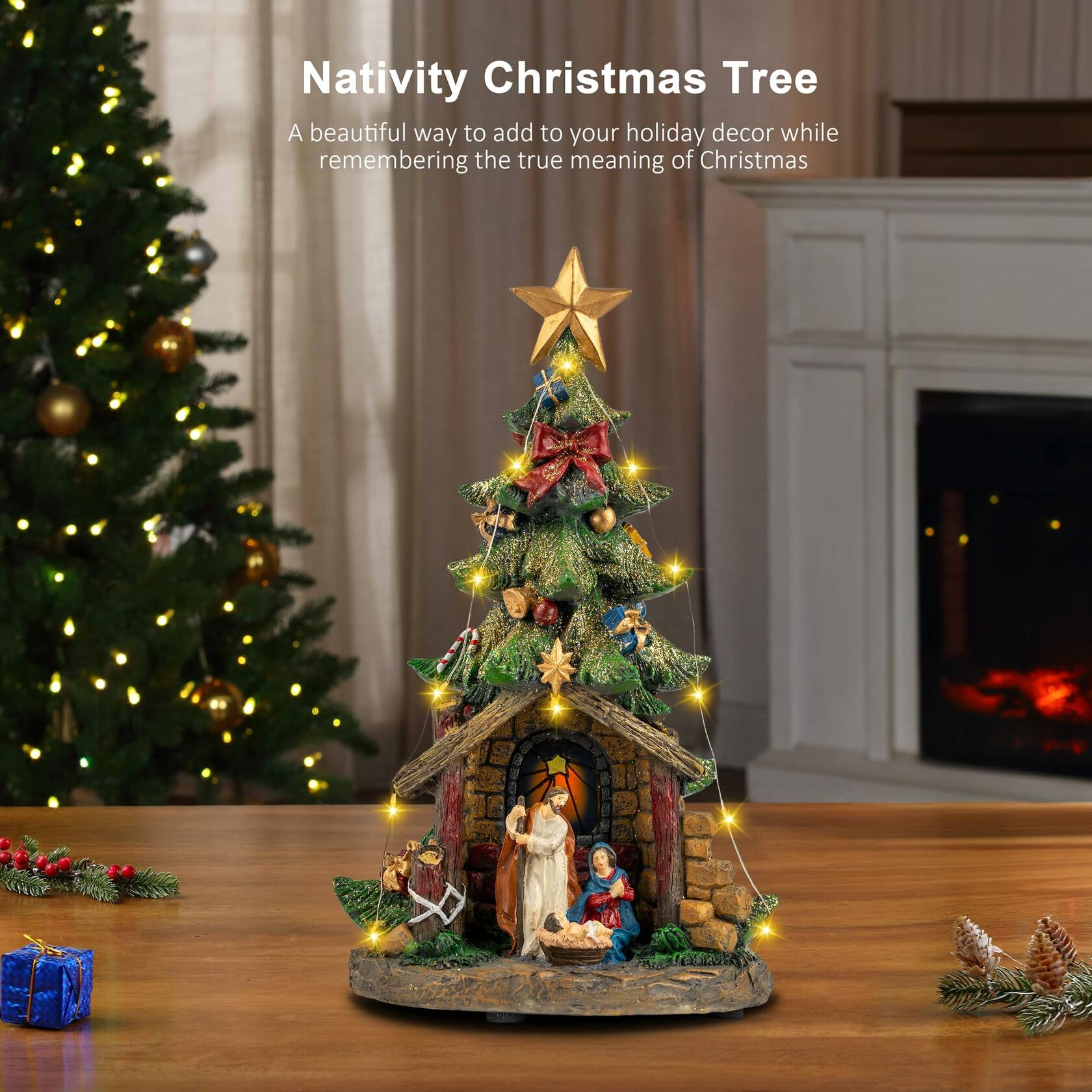 VISFLAIR 12'' Christmas Tree Lighted Manger Nativity Scene, Musical Holy Family