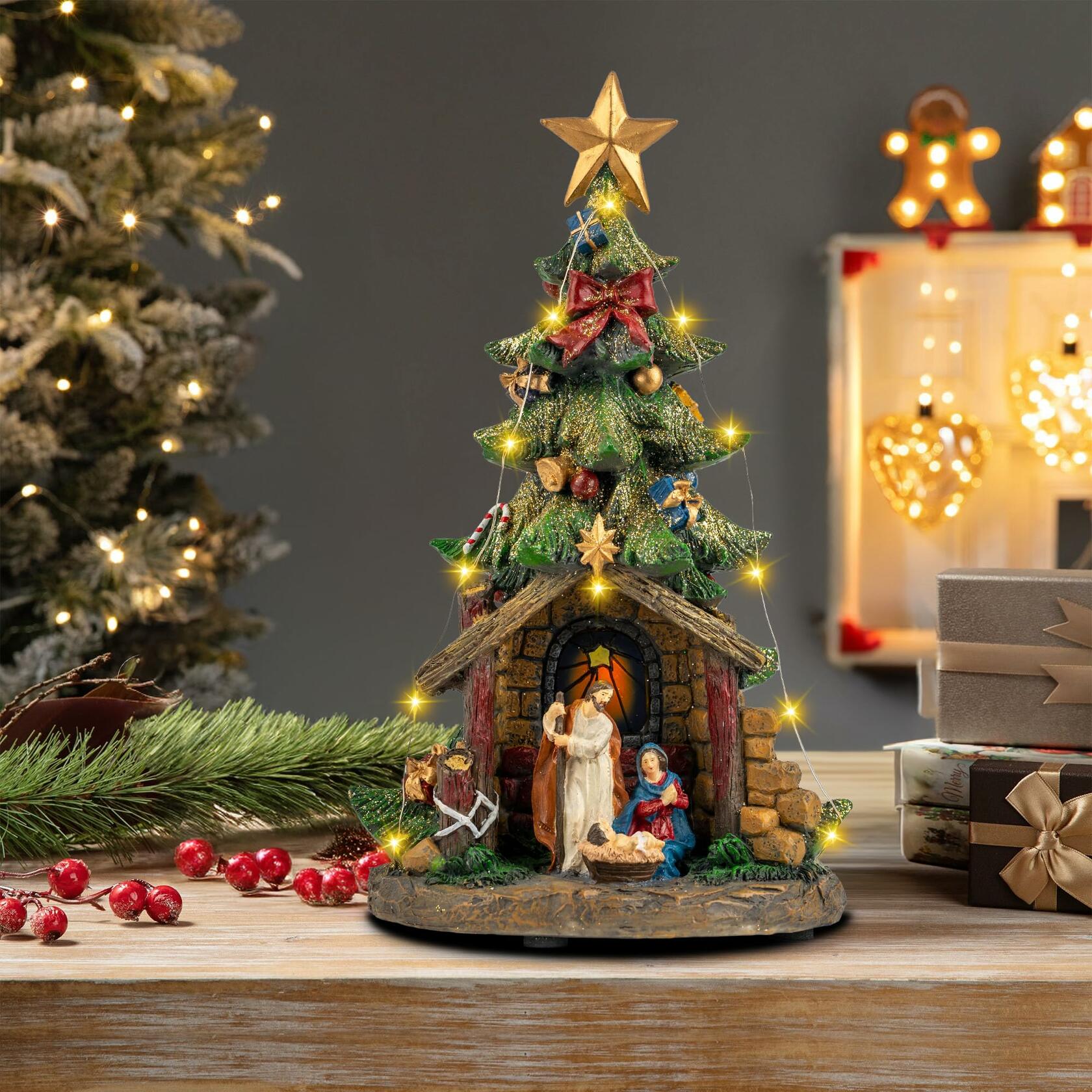 VISFLAIR 12'' Christmas Tree Lighted Manger Nativity Scene, Musical Holy Family