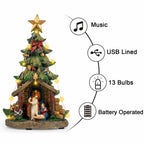 VISFLAIR 12'' Christmas Tree Lighted Manger Nativity Scene, Musical Holy Family